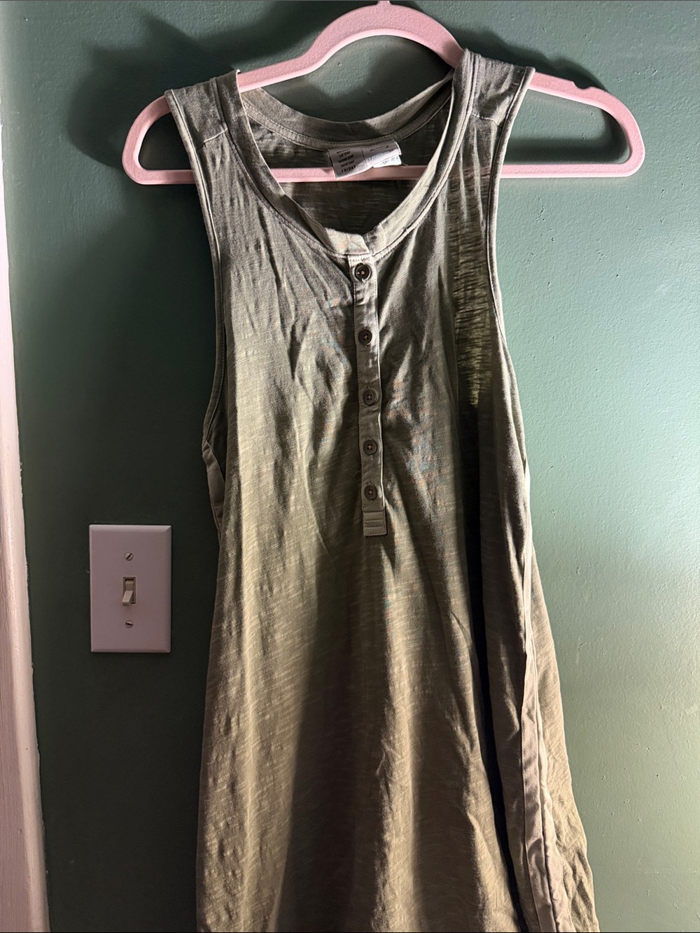 Anthropologie Olive Green Maxi Dress with Button-Front and side fabric details